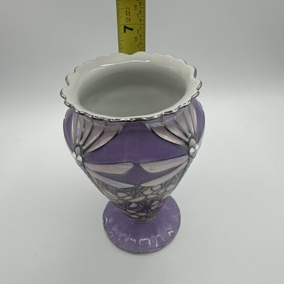 VTG Louis Tiffany Bradford Exchange Glittering Dragonflies Porcelain Vase Purple - Picture 8 of 9
